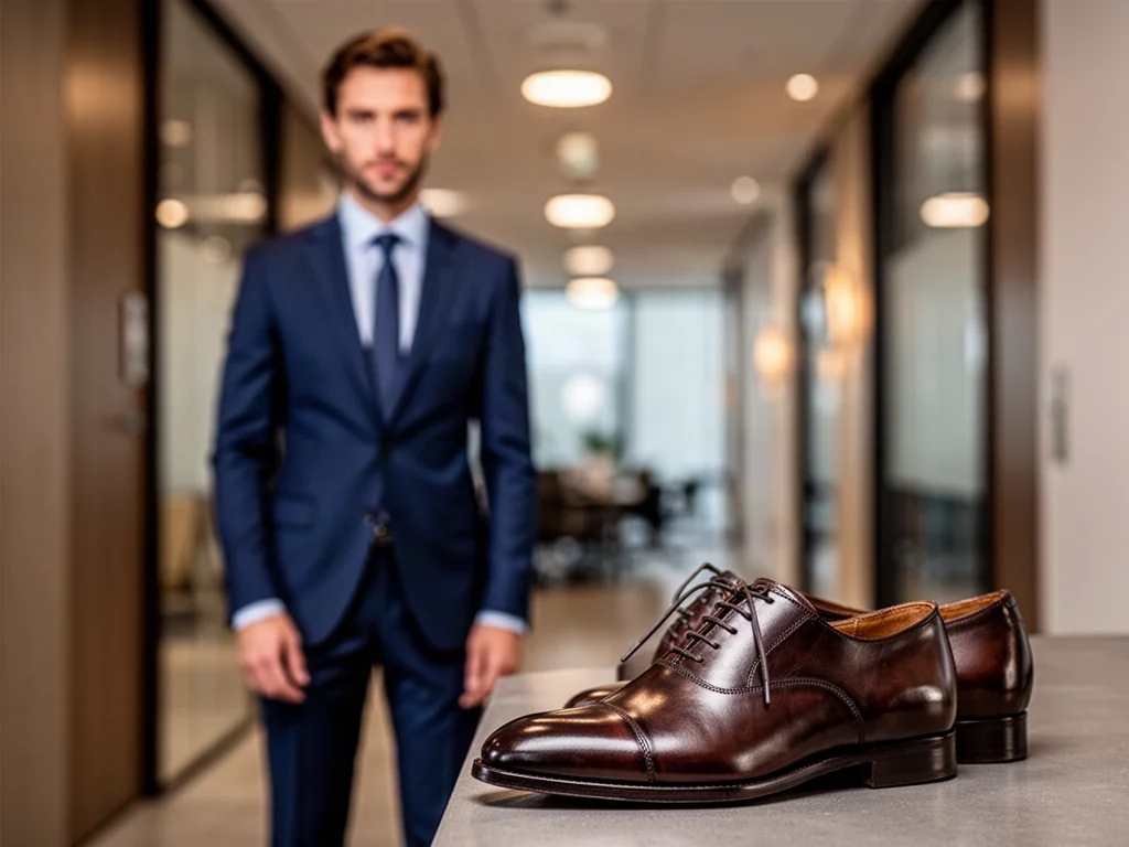 Eleganckie ciemnobrązowe buty typu oxford zestawione z granatowym garniturem w nowoczesnym biurowym wnętrzu.