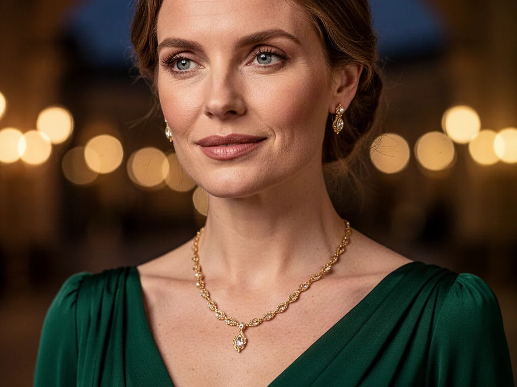 Elegancka kobieta w zielonej sukni z delikatną złotą biżuterią, która stanowi idealne dopełnienie wieczorowej stylizacji.