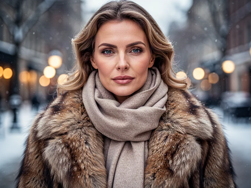 Elegancka kobieta w futrze owijająca szyję miękkim kaszmirowym szalikiem na tle zimowego miasta.