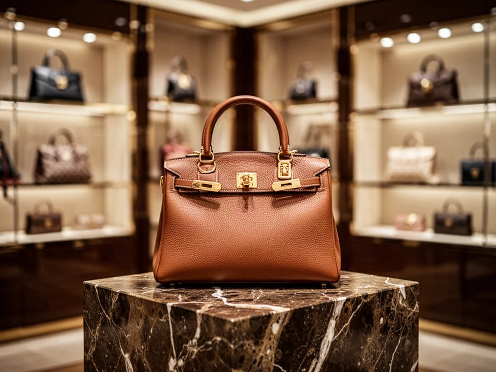 Ekskluzywna torebka Louis Vuitton z brązowej skóry ze złotymi okuciami, wyeksponowana na marmurowym postumencie w butiku.