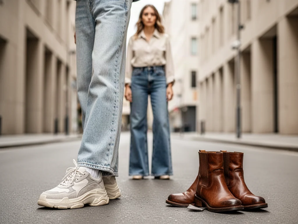 Stylowa kobieta w szerokich jeansach prezentuje modne sneakersy i skórzane botki na tle miejskiej ulicy.