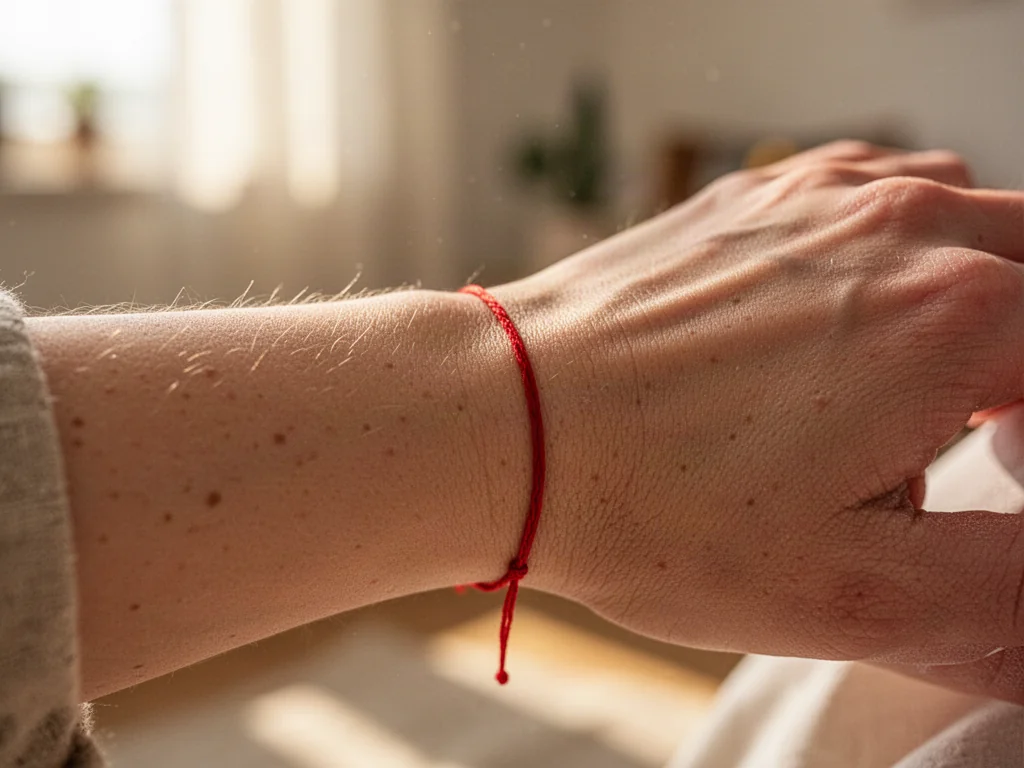 Zbliżenie na kobiecy nadgarstek z delikatną czerwoną nitką, symbolizującą ochronę w przytulnym, słonecznym wnętrzu.
